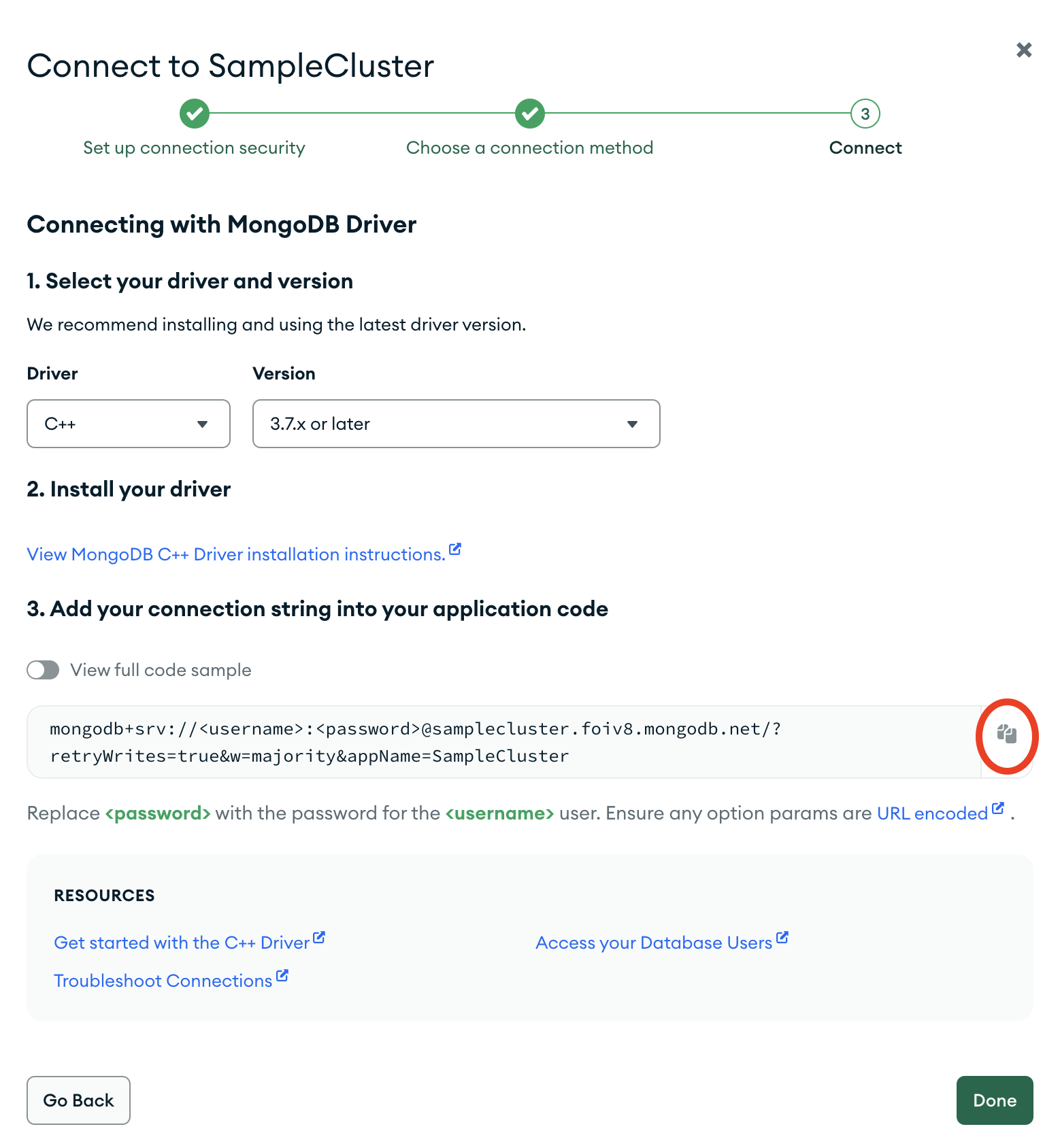 The copy button next to the connection string in the Atlas UI
